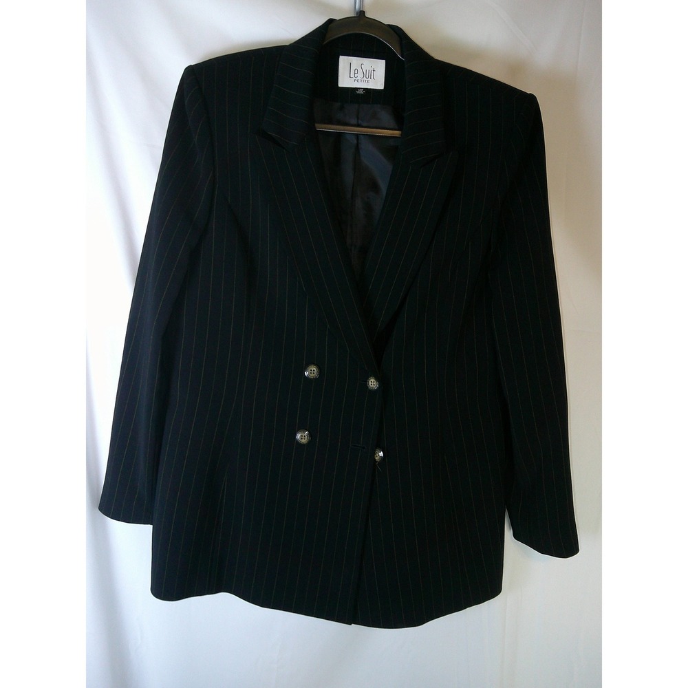 Le Suit Petite Womens 12P Black Pinstripe Double Breasted Blazer Jacket Office
